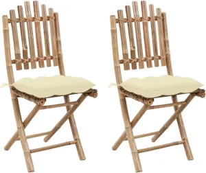 Folding Patio Chairs with Cushions 2 Pcs, Bamboo Outdoor Furniture Foldable Dining Chairs for Garden, Pool, Beach, Cream