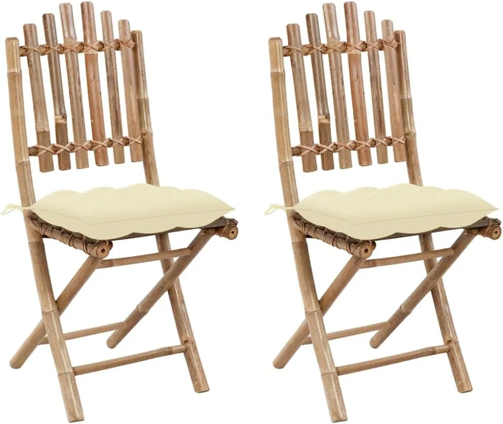 Folding Patio Chairs with Cushions 2 Pcs, Bamboo Outdoor Furniture Foldable Dining Chairs for Garden, Pool, Beach, Cream