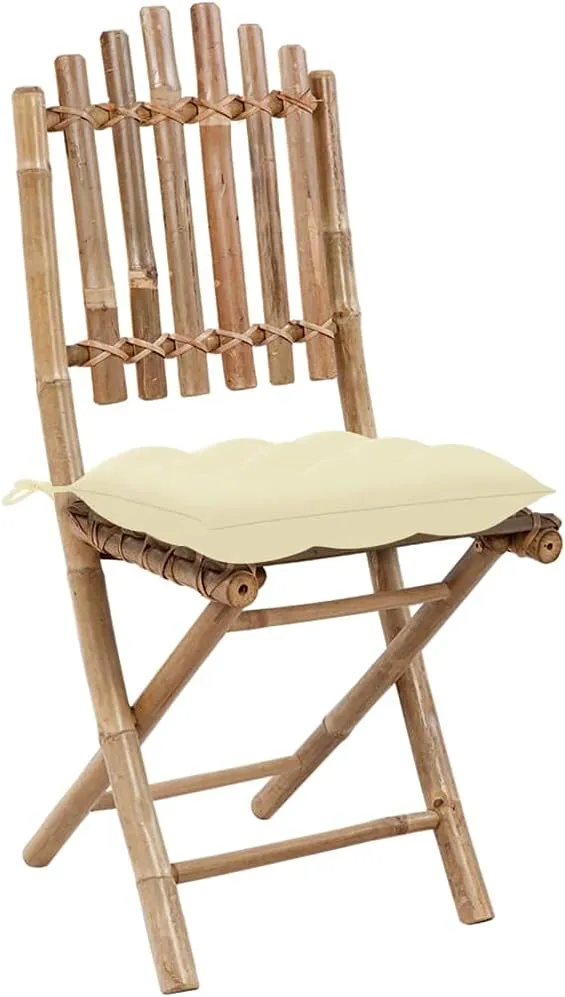 Folding Patio Chairs with Cushions 2 Pcs, Bamboo Outdoor Furniture Foldable Dining Chairs for Garden, Pool, Beach, Cream
