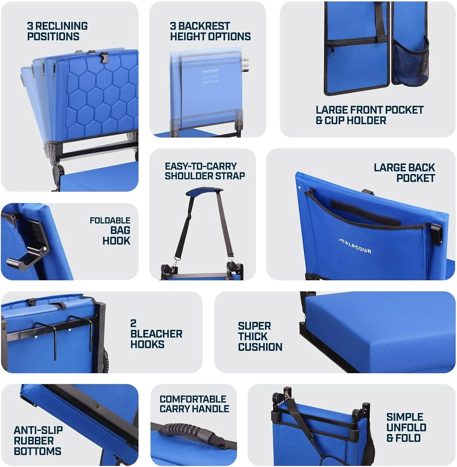 Folding Reclining Stadium Seats with Back Support for Bleachers, Bleacher Chairs with Back and Cushion Seating for Football, Camping Chair, Kayak Seat, Canoe, Paddle Board, Concerts, & Sports Events