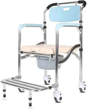 Folding Shower Chair Bath Stool Elderly Wheeled Commode Potty Toilet Chair with Padded Seat and Back Wheelchair Bath Bench Moving Toilet Bathing Aid