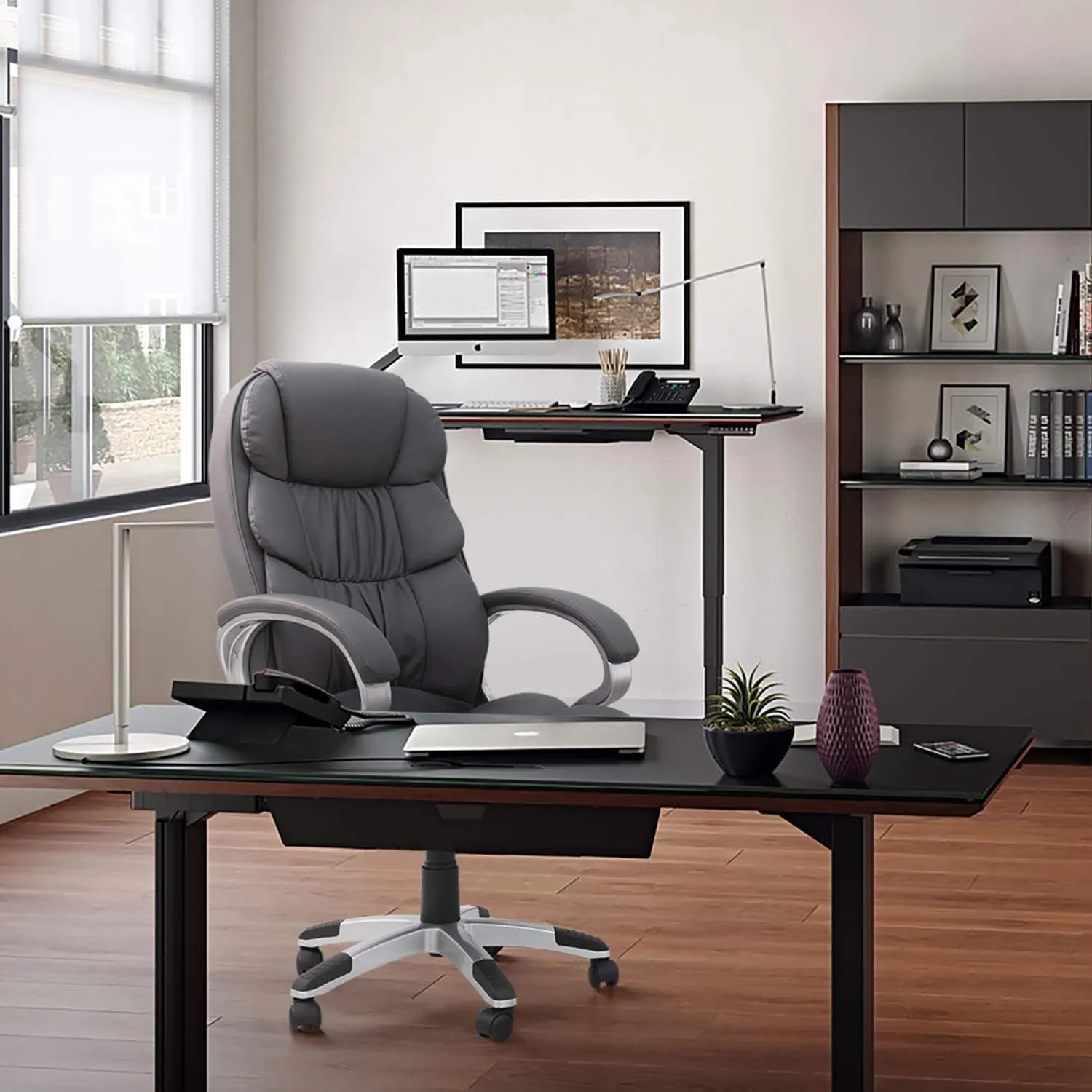 Furmax Leather High Back Office Chair Ergonomic Executive Office Chair Swivel Computer Desk Chair Lumbar Support Soft Cushioned Padded Arms (Grey)