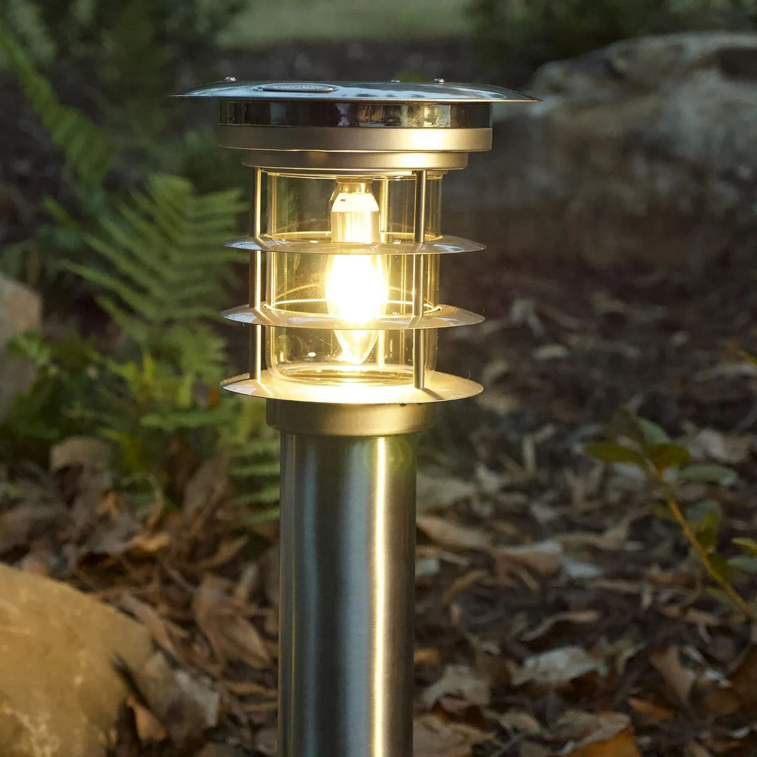 Gama Sonic Outdoor Bollard Solar Pathway Light, Silver Stainless and Glass, Auger EZ-Anchor for Dirt and Grass. 24.25-inch Lamp Height, Sidewalk, Path, Driveway, 100 Lumens, 1 Pack (214801)