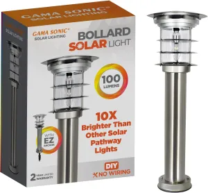 Gama Sonic Outdoor Bollard Solar Pathway Light, Silver Stainless and Glass, Auger EZ-Anchor for Dirt and Grass. 24.25-inch Lamp Height, Sidewalk, Path, Driveway, 100 Lumens, 1 Pack (214801)