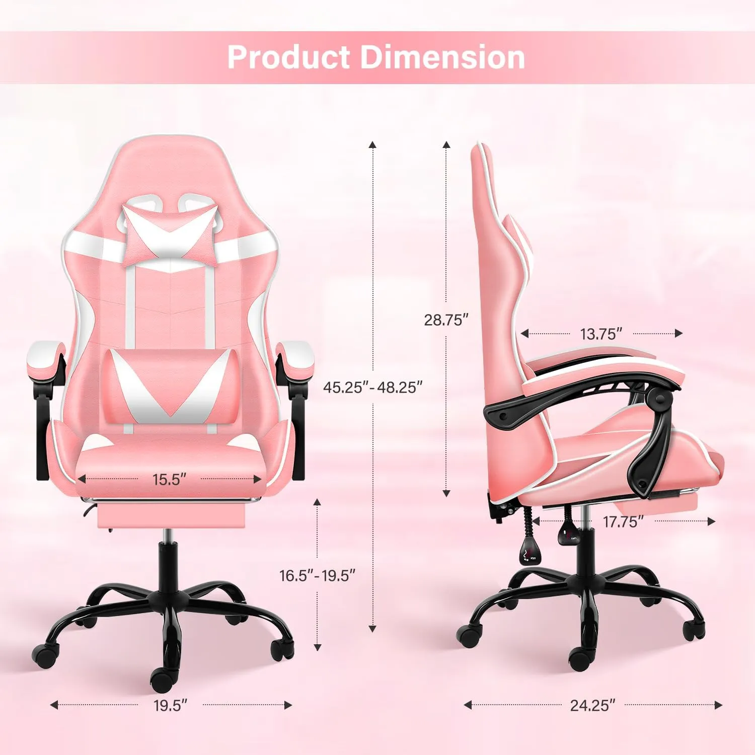 Gaming Chair, Backrest and Seat Height Adjustable Swivel Recliner Racing Office Computer Ergonomic Video Game Chair with Footrest and Lumbar Support, Pink/White