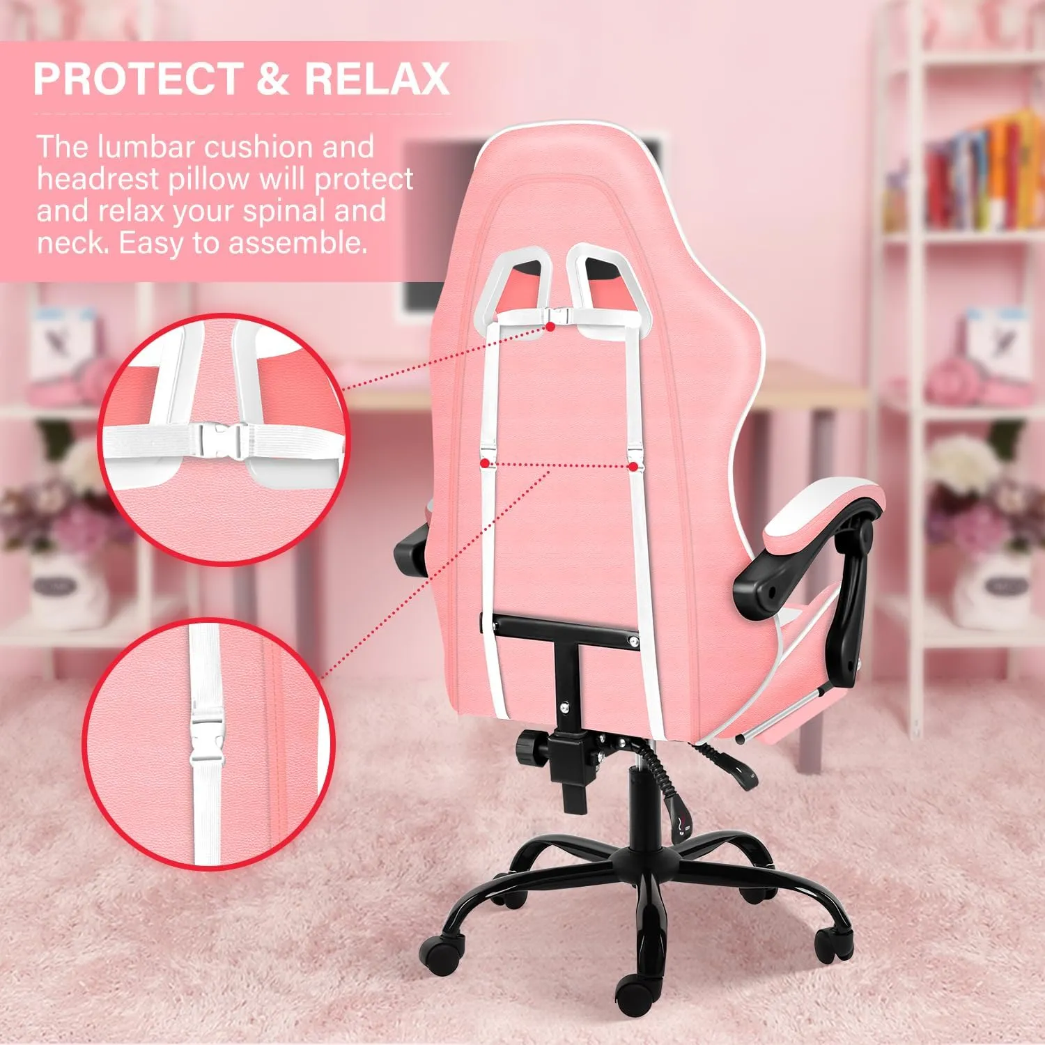 Gaming Chair, Backrest and Seat Height Adjustable Swivel Recliner Racing Office Computer Ergonomic Video Game Chair with Footrest and Lumbar Support, Pink/White
