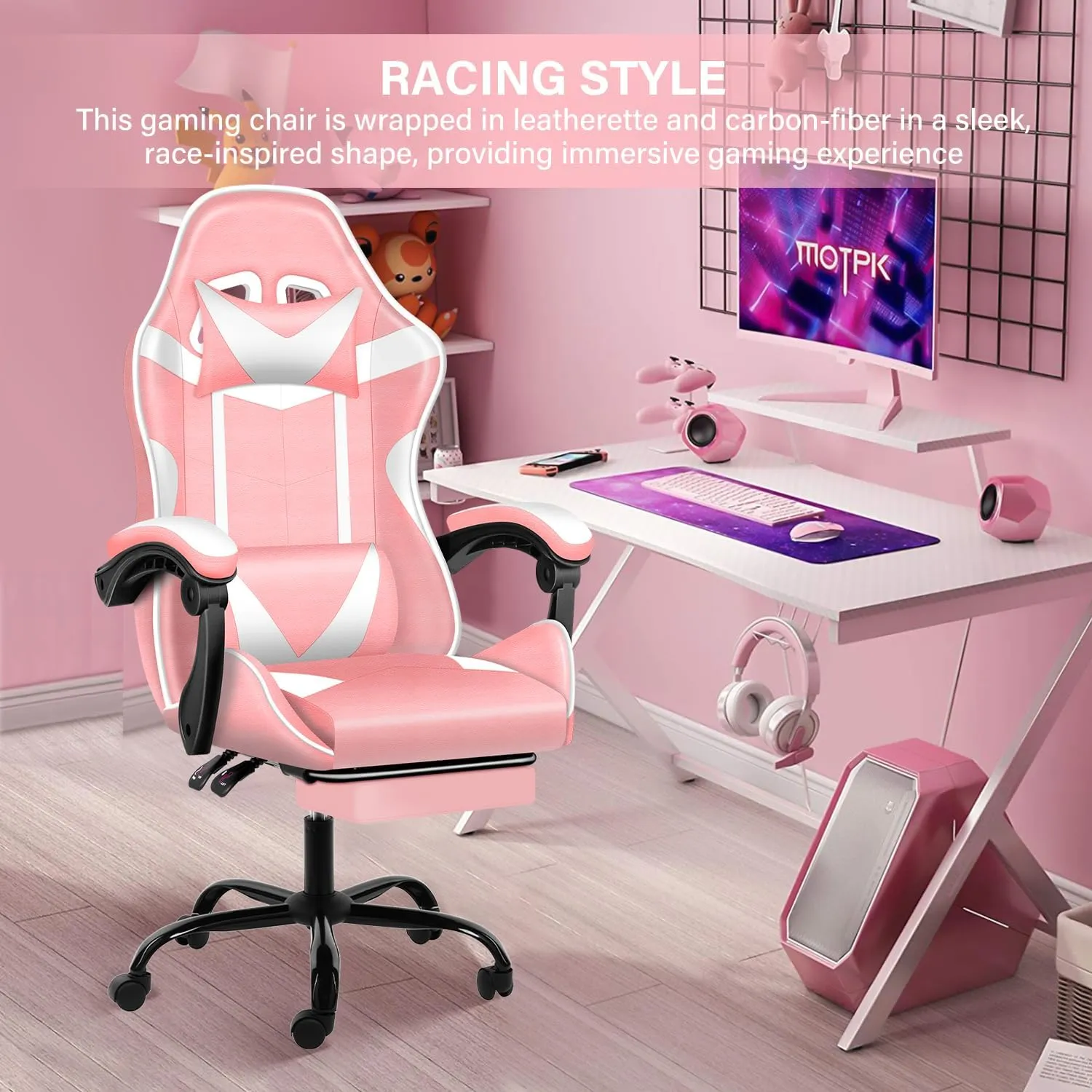 Gaming Chair, Backrest and Seat Height Adjustable Swivel Recliner Racing Office Computer Ergonomic Video Game Chair with Footrest and Lumbar Support, Pink/White