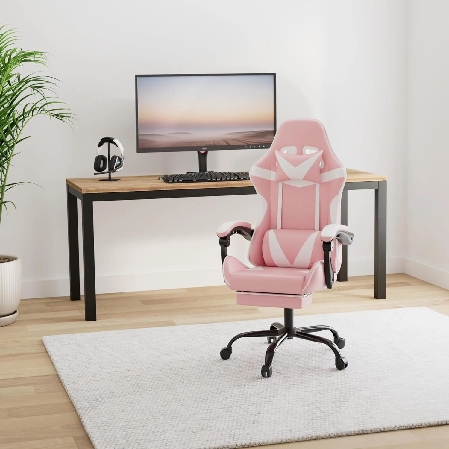 Gaming Chair, Backrest and Seat Height Adjustable Swivel Recliner Racing Office Computer Ergonomic Video Game Chair with Footrest and Lumbar Support, Pink/White