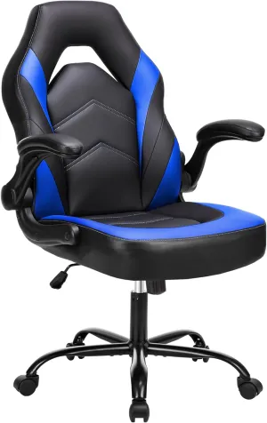 Gaming Chair Ergonomic PU Leather Office Chair with Lumbar Support, Height Adjustable Rolling Desk Chair, Flip-up Armrests, Black and Blue