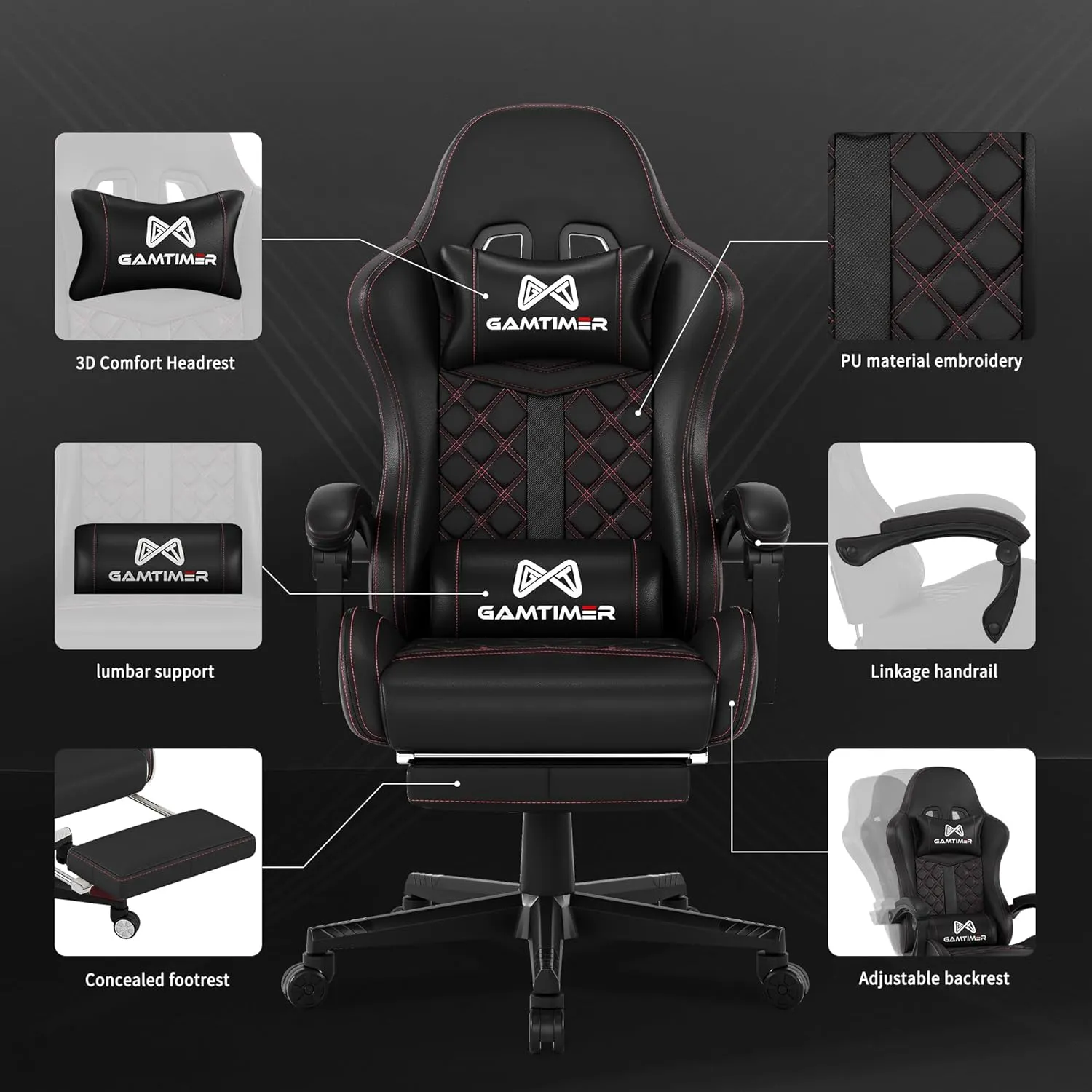 Gaming Chair,Computer Chair with Footrest and Lumbar Support,Breathable PU Leather,4D Lumbar Support and Headrest,360 Degree Swivel Chair with Adjustable Ergonomic Backrest for Adults(Black)