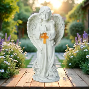 Garden Angel Figurines with Solar Light Cross Angel Statue Gifts for Women Mom Angels Outdoor Statues for Garden Lawn Window Sill Patio Yard Decoration