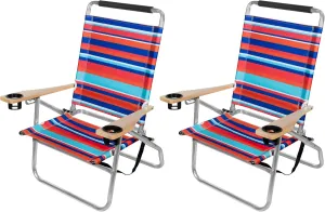 Garden Elements Foldable Beach Chairs with Reclining Backrests, Cupholders & Carrying Strap, Multicolor Stripe (2-Pack)