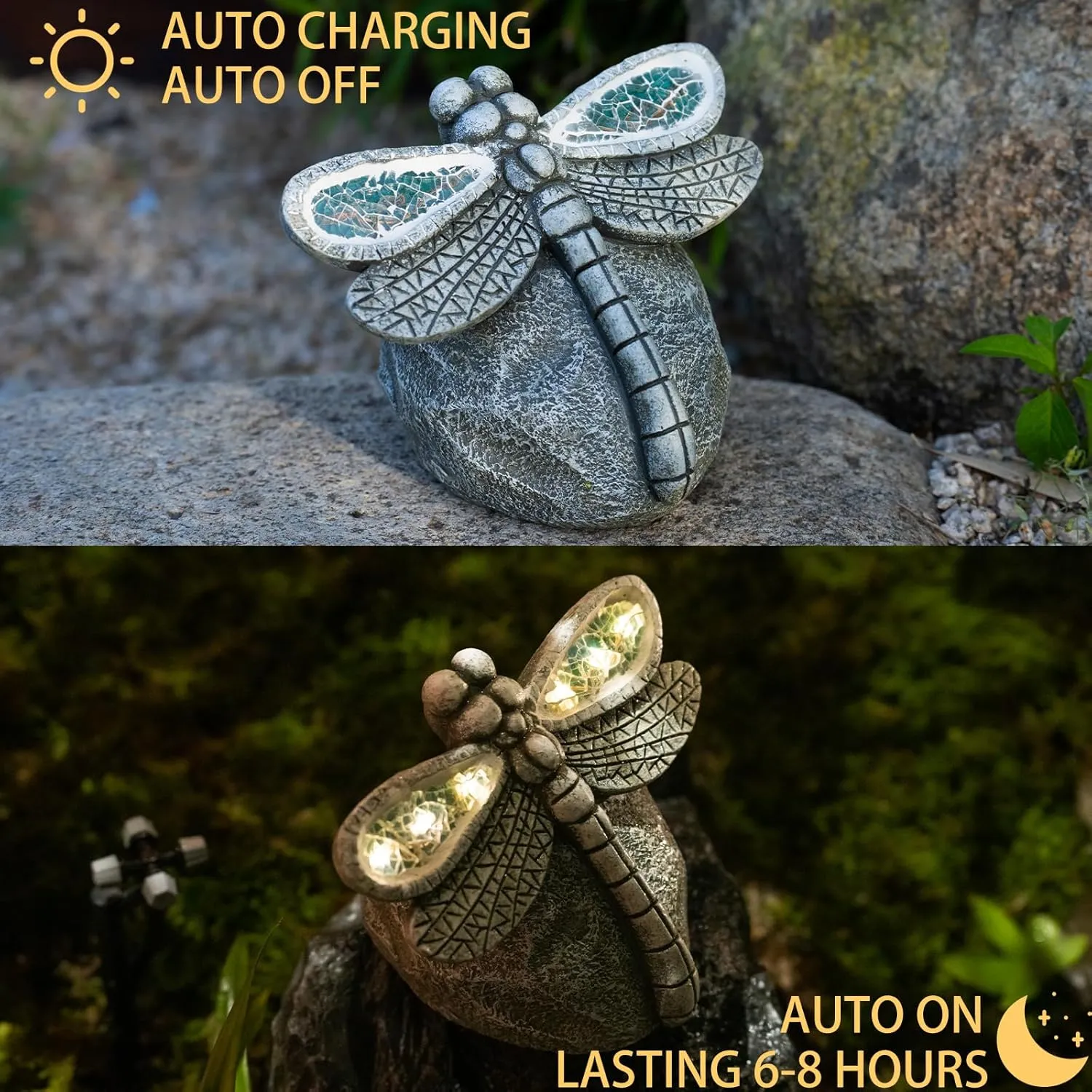 Garden Statue Dragonfly,Solar Dragonfly Decor for Outdoor,Resin Dragonflies Figurine with Solar Light for Patio,Balcony,Yard,Lawn Ornament,Perfect Garden Gift