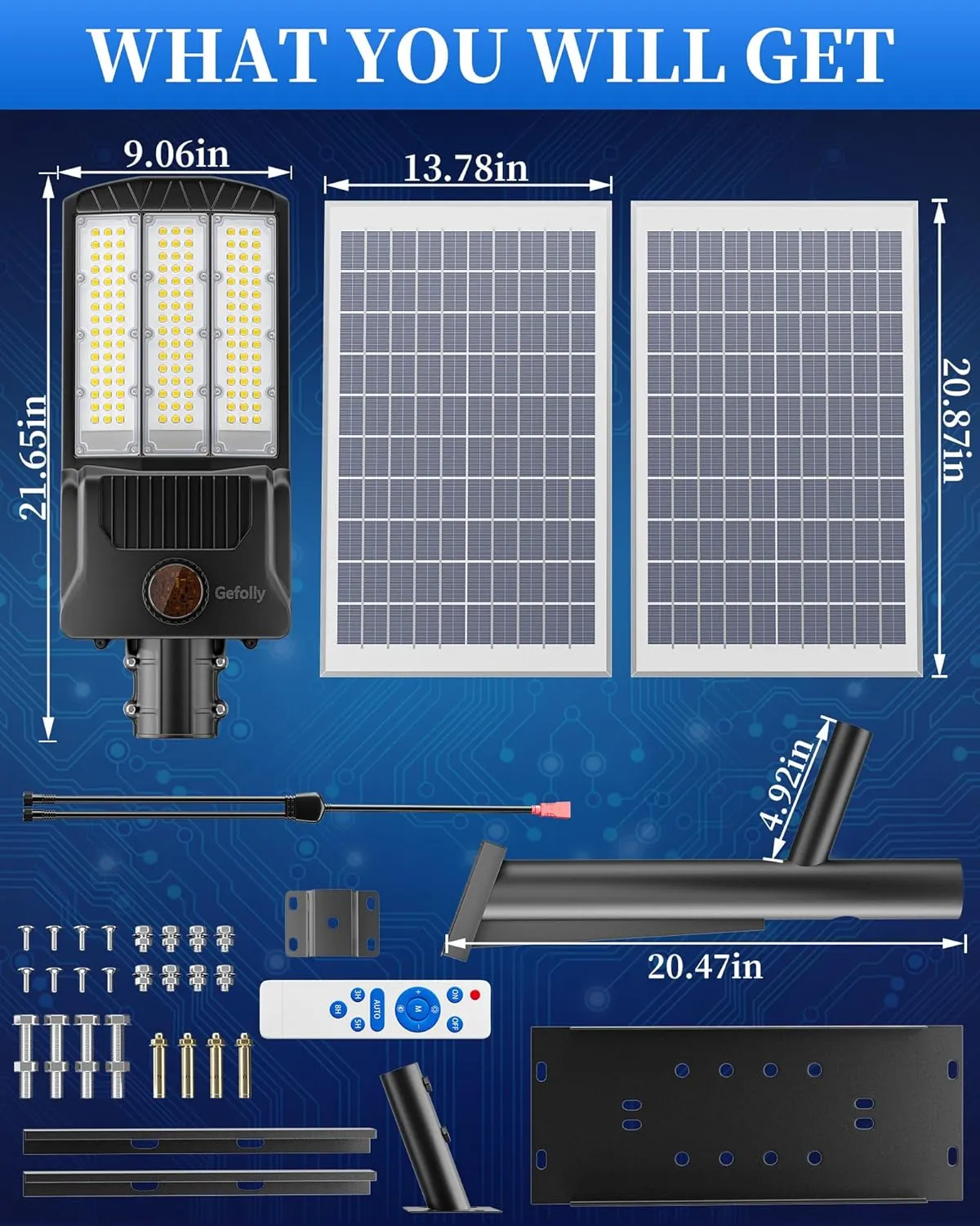 Gefolly SL-9800W Solar Street Lights Outdoor, 650000LM Commercial Parking Lot Light Dusk to Dawn IP67 Waterproof 6500K Security Flood Lights Lamp for Yard, Road, Basketball Courts