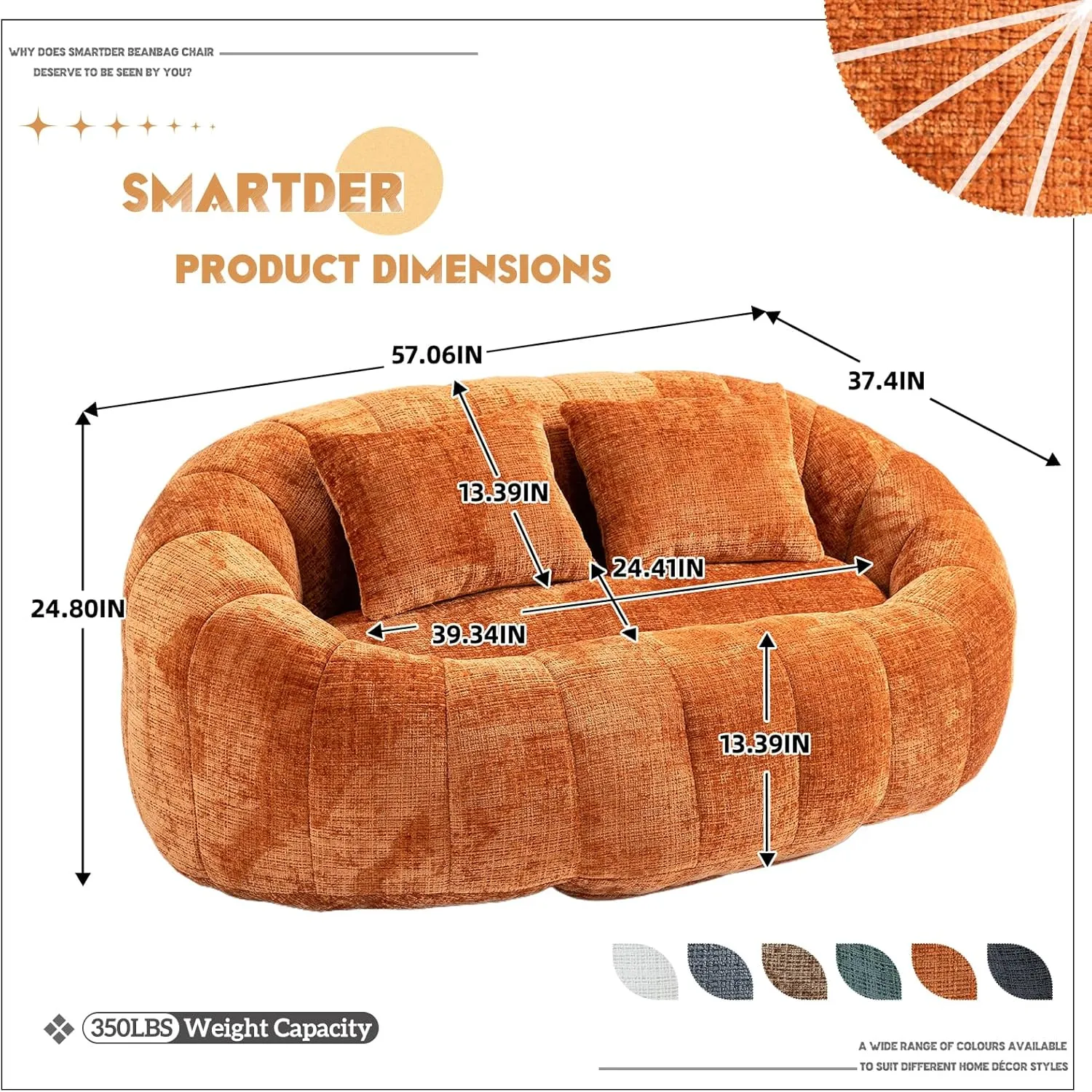 Giant Bean Bag Chair Couch with Foam Filler, Oversized Bean Bag Sofa for Adults,Teens, Comfy Floor Loveseat with 2 Pillows, Lazy Beanbag Lounger for Living Room, Game Room, Office, Chenille Orange