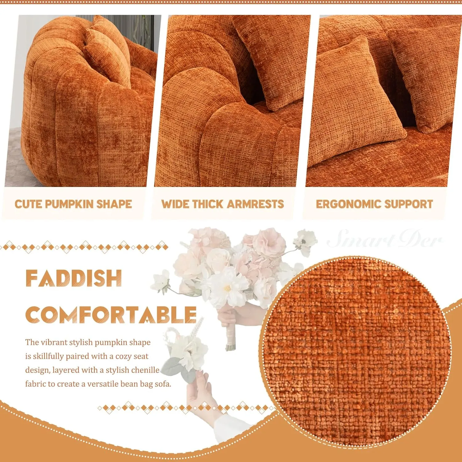 Giant Bean Bag Chair Couch with Foam Filler, Oversized Bean Bag Sofa for Adults,Teens, Comfy Floor Loveseat with 2 Pillows, Lazy Beanbag Lounger for Living Room, Game Room, Office, Chenille Orange