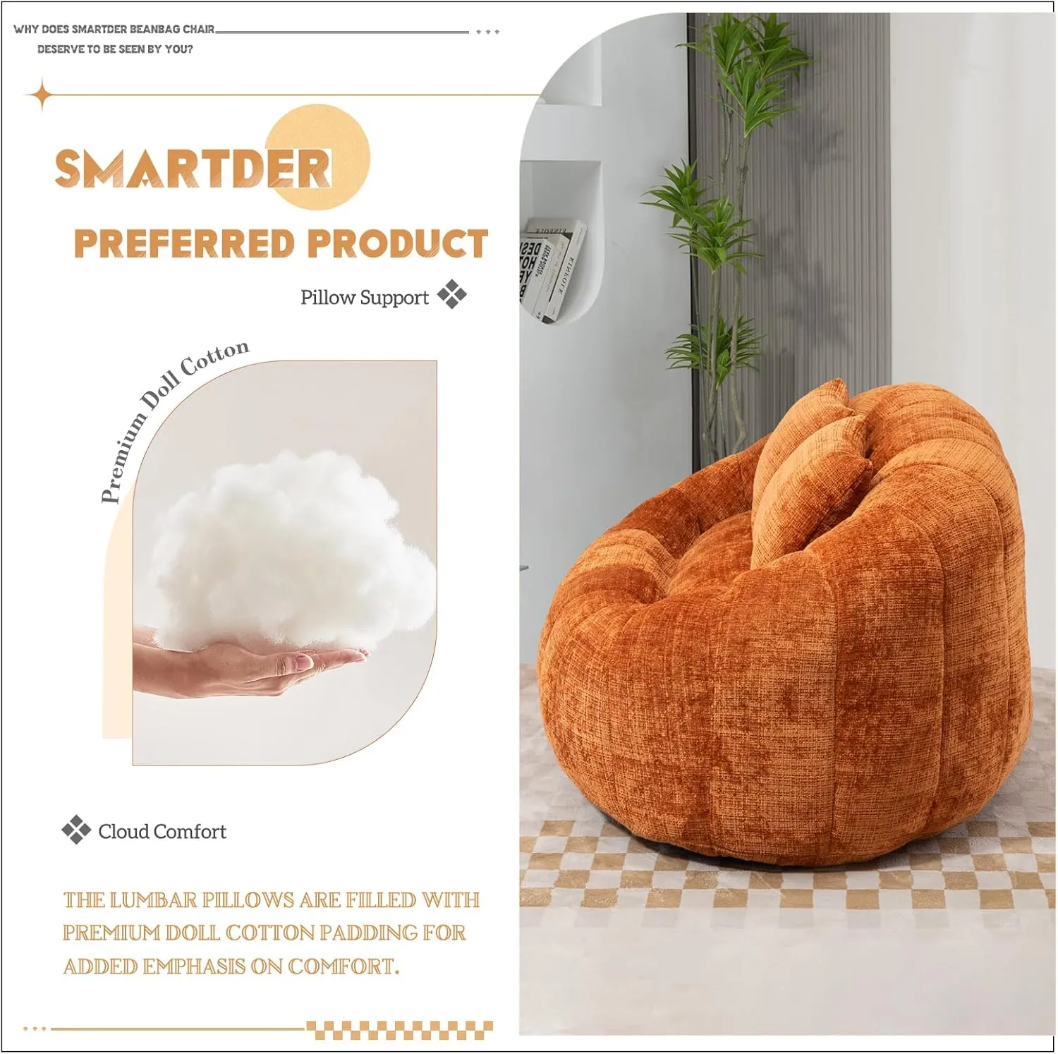 Giant Bean Bag Chair Couch with Foam Filler, Oversized Bean Bag Sofa for Adults,Teens, Comfy Floor Loveseat with 2 Pillows, Lazy Beanbag Lounger for Living Room, Game Room, Office, Chenille Orange