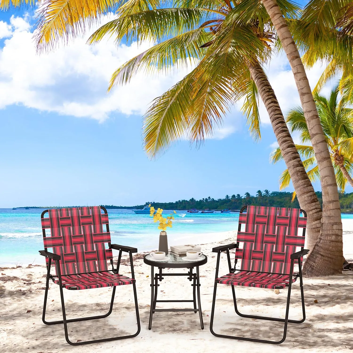 Giantex 2-Pack Beach Chairs for Adults, Camping Chair with Steel Frame, Webbing Design, Lightweight Folding Directors Chair for Outdoor, Patio, Fishing, Yard, Poolside Lawn (Red)