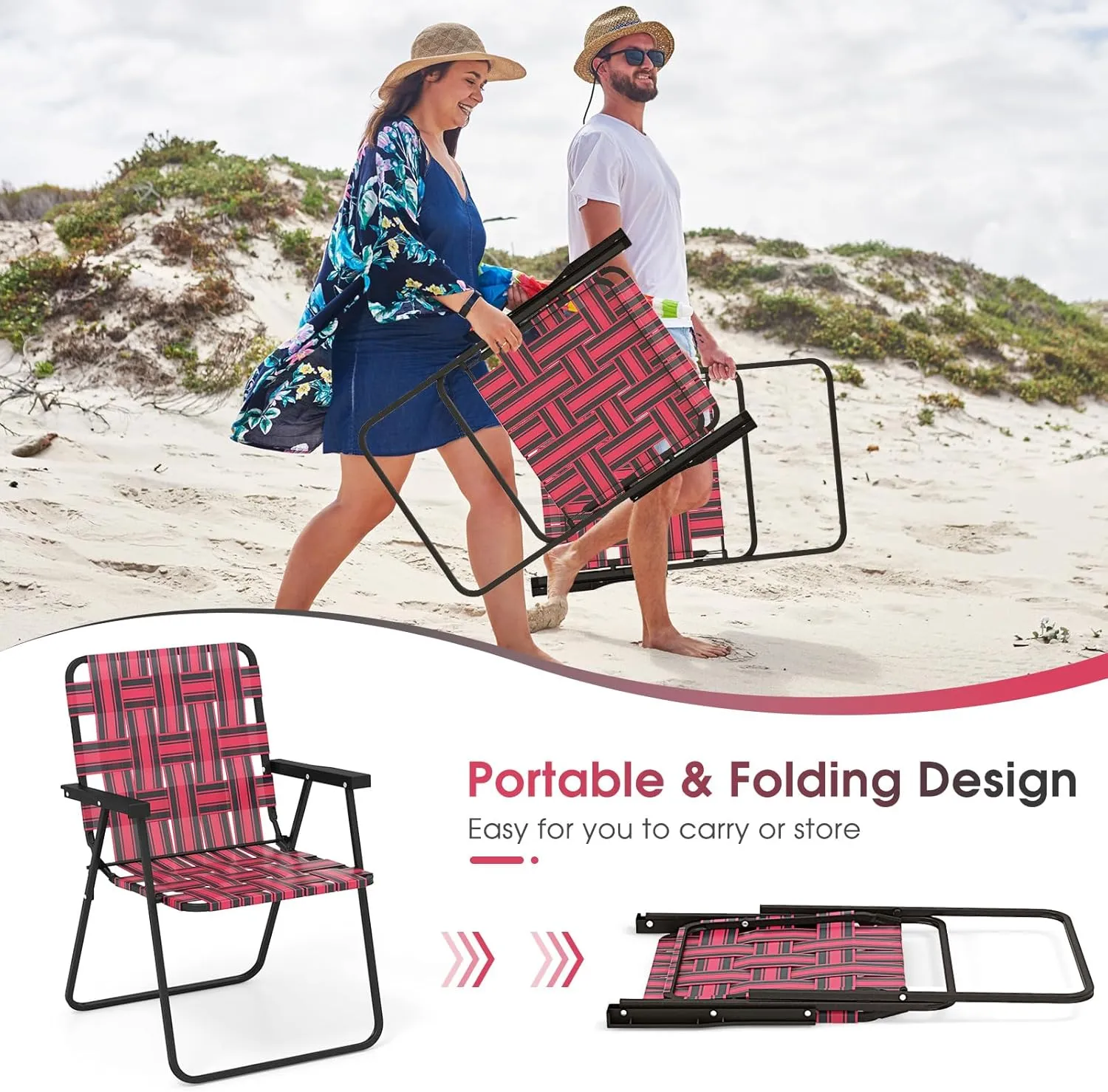 Giantex 2-Pack Beach Chairs for Adults, Camping Chair with Steel Frame, Webbing Design, Lightweight Folding Directors Chair for Outdoor, Patio, Fishing, Yard, Poolside Lawn (Red)