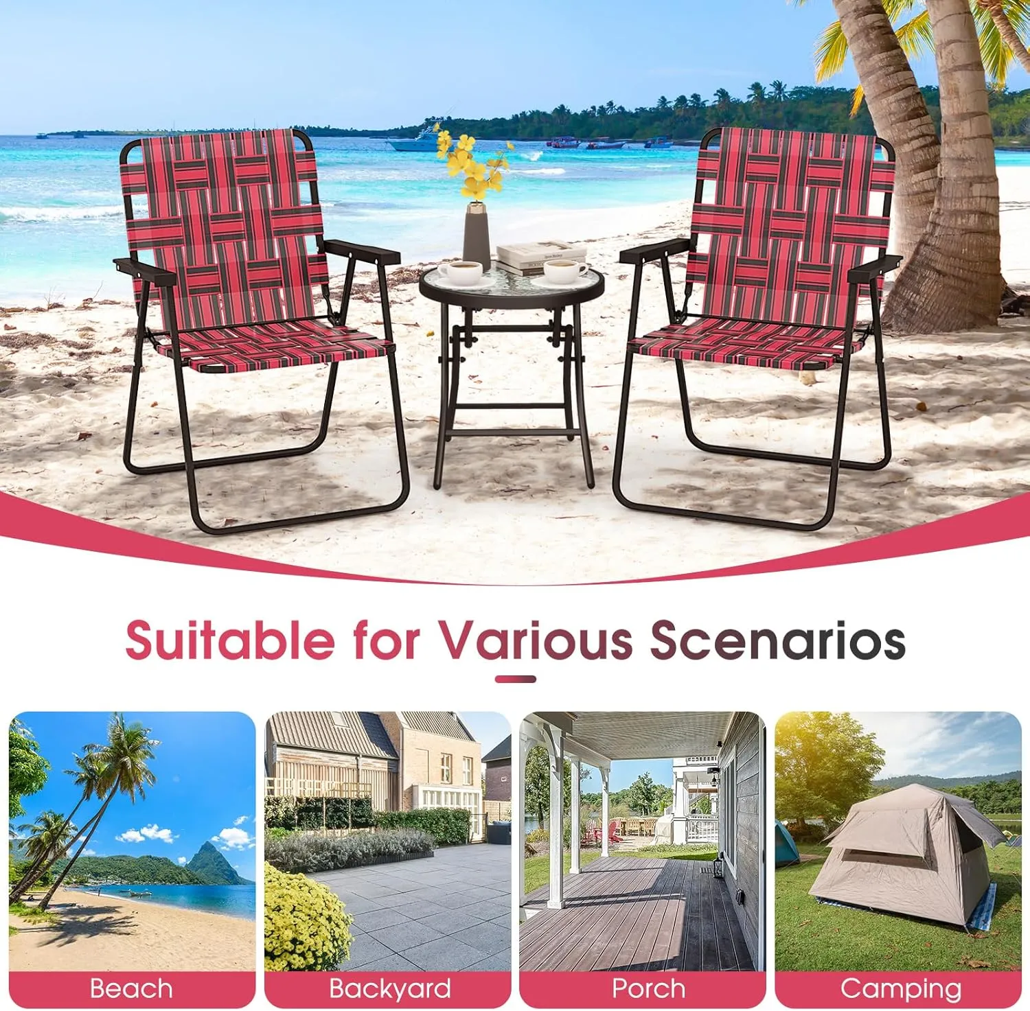 Giantex 2-Pack Beach Chairs for Adults, Camping Chair with Steel Frame, Webbing Design, Lightweight Folding Directors Chair for Outdoor, Patio, Fishing, Yard, Poolside Lawn (Red)