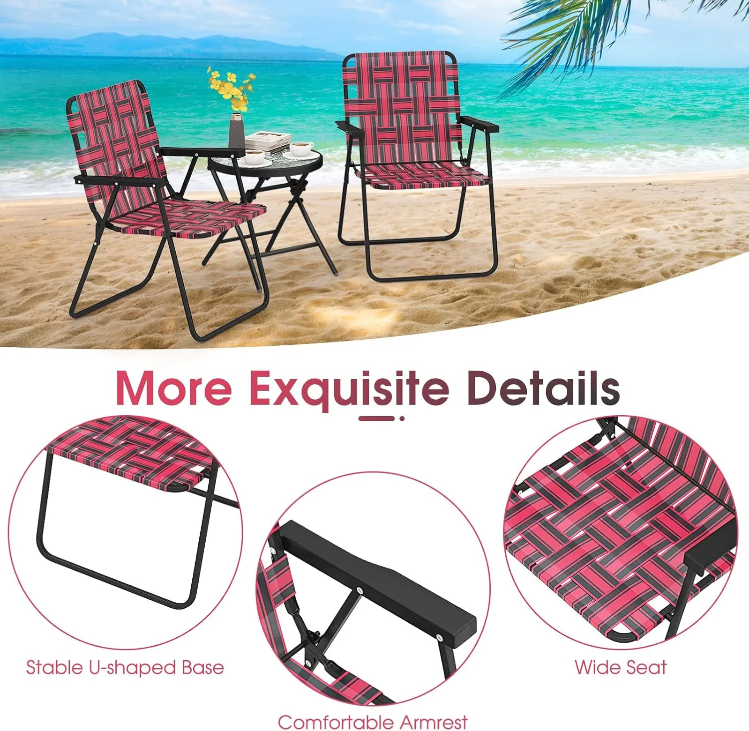 Giantex 2-Pack Beach Chairs for Adults, Camping Chair with Steel Frame, Webbing Design, Lightweight Folding Directors Chair for Outdoor, Patio, Fishing, Yard, Poolside Lawn (Red)