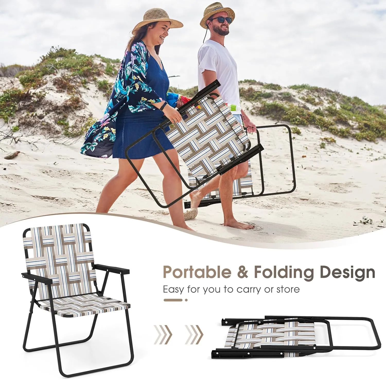 Giantex Beach Chairs for Adults 4-Pack - Camping Chair with Steel Frame, Lightweight Folding Directors Chair, Outdoor Webbing Chair for Patio, Fishing, Yard, Poolside Lawn Chairs Set of 4 (Khaki)