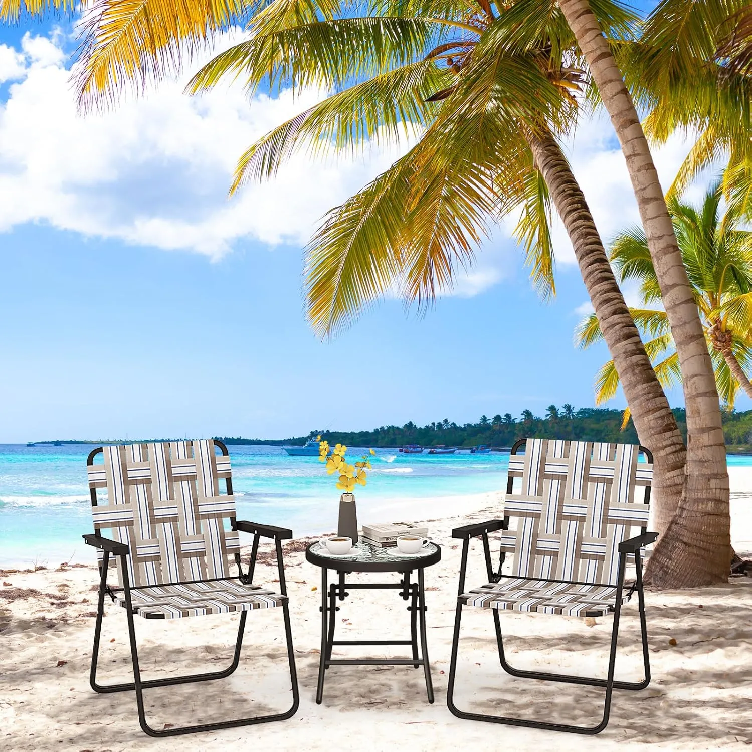 Giantex Beach Chairs for Adults 4-Pack - Camping Chair with Steel Frame, Lightweight Folding Directors Chair, Outdoor Webbing Chair for Patio, Fishing, Yard, Poolside Lawn Chairs Set of 4 (Khaki)