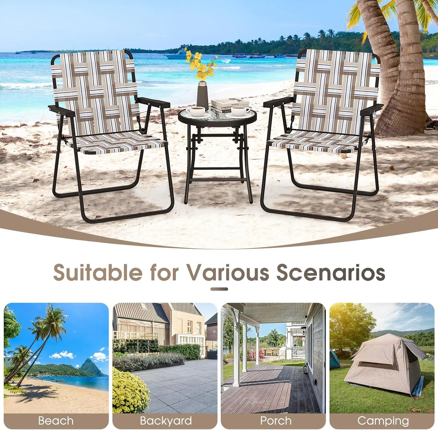 Giantex Beach Chairs for Adults 4-Pack - Camping Chair with Steel Frame, Lightweight Folding Directors Chair, Outdoor Webbing Chair for Patio, Fishing, Yard, Poolside Lawn Chairs Set of 4 (Khaki)