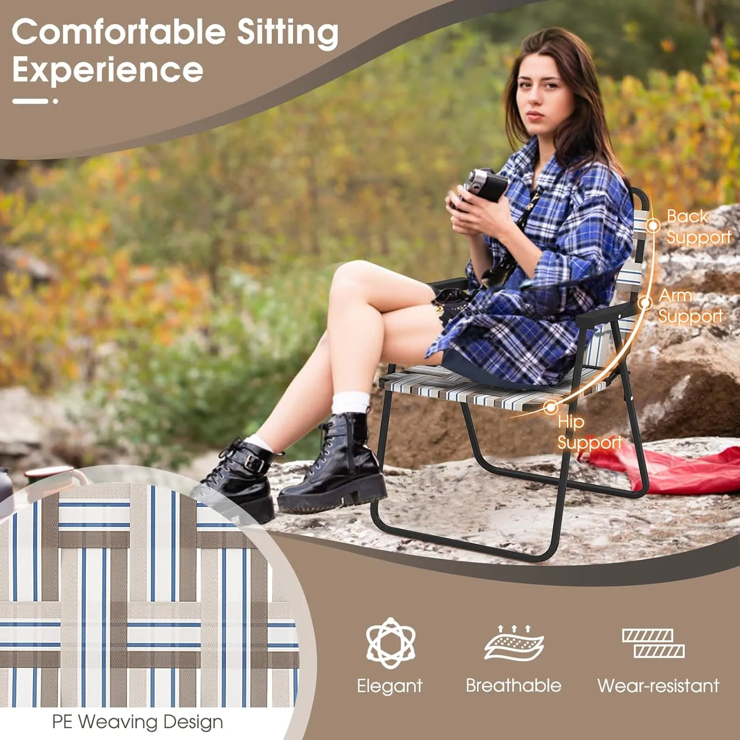 Giantex Beach Chairs for Adults 4-Pack - Camping Chair with Steel Frame, Lightweight Folding Directors Chair, Outdoor Webbing Chair for Patio, Fishing, Yard, Poolside Lawn Chairs Set of 4 (Khaki)