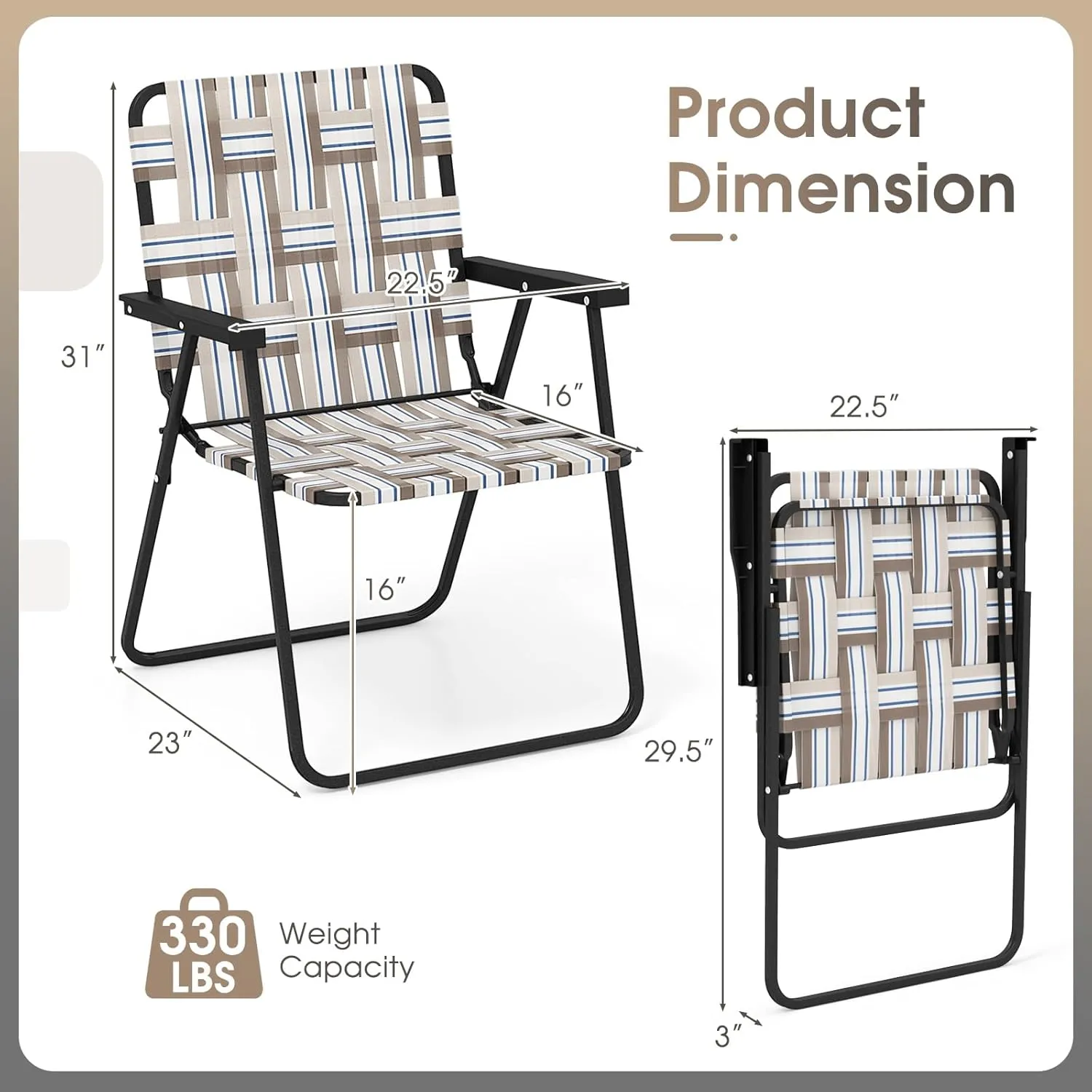 Giantex Beach Chairs for Adults 4-Pack - Camping Chair with Steel Frame, Lightweight Folding Directors Chair, Outdoor Webbing Chair for Patio, Fishing, Yard, Poolside Lawn Chairs Set of 4 (Khaki)