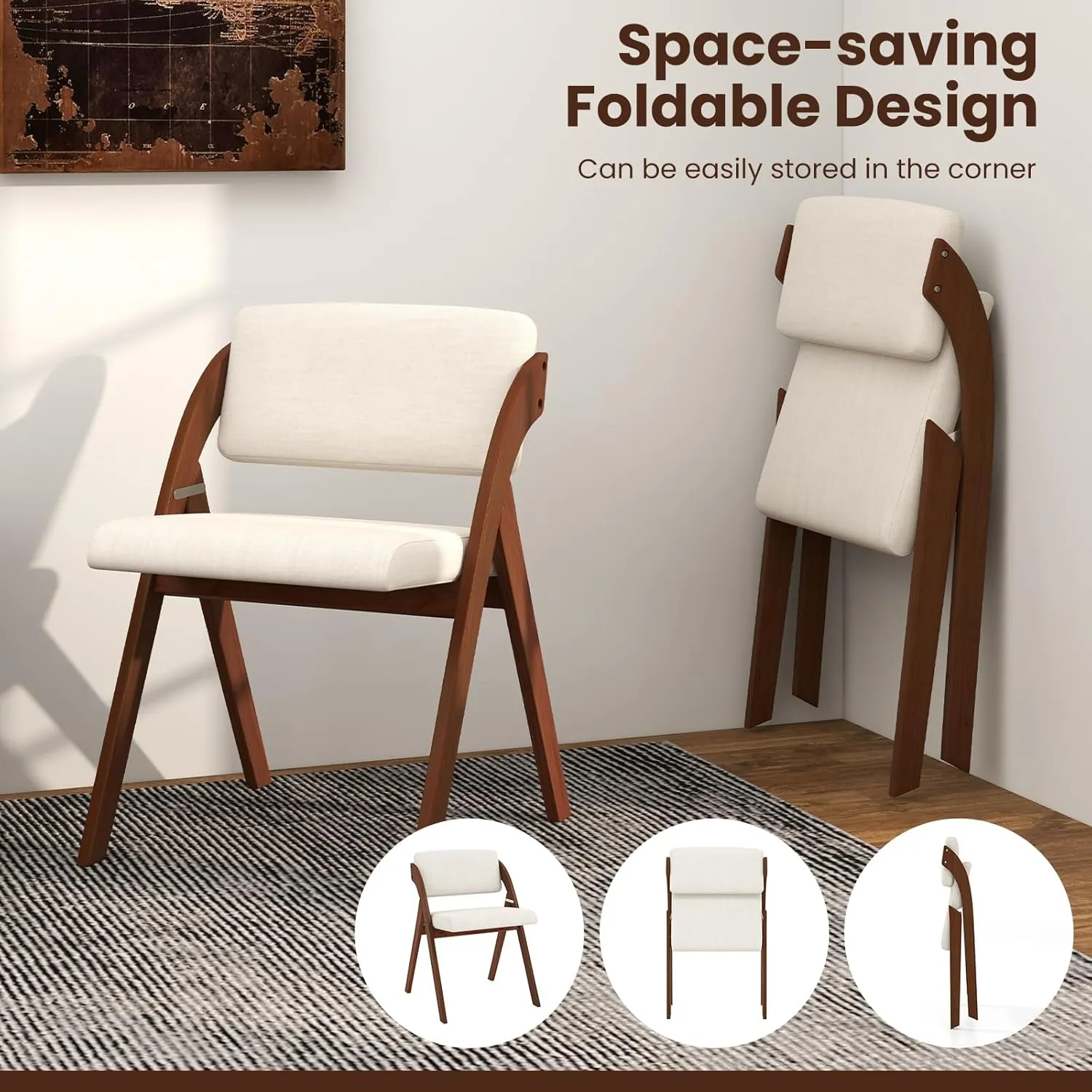 Giantex Folding Dining Chairs Set of 2, Upholstered Wooden Folding Chair 2 Pack, Portable Kitchen Chairs with Padded & Seat Backrest, Accent Chairs for Wedding Picnic Party, No Assembly, Walnut
