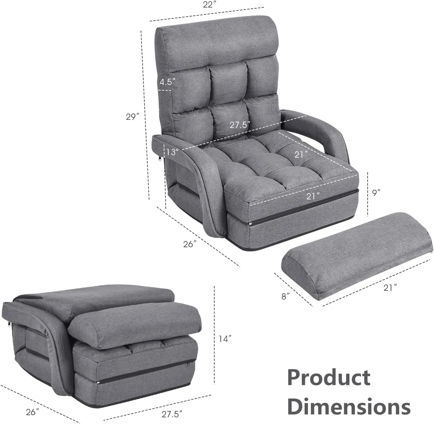 Giantex Folding Lazy Sofa Floor Chair, Indoor Chaise Lounger Bed with 6 Adjustable Position, Pillow Living Room Lounge Couch(Gray)