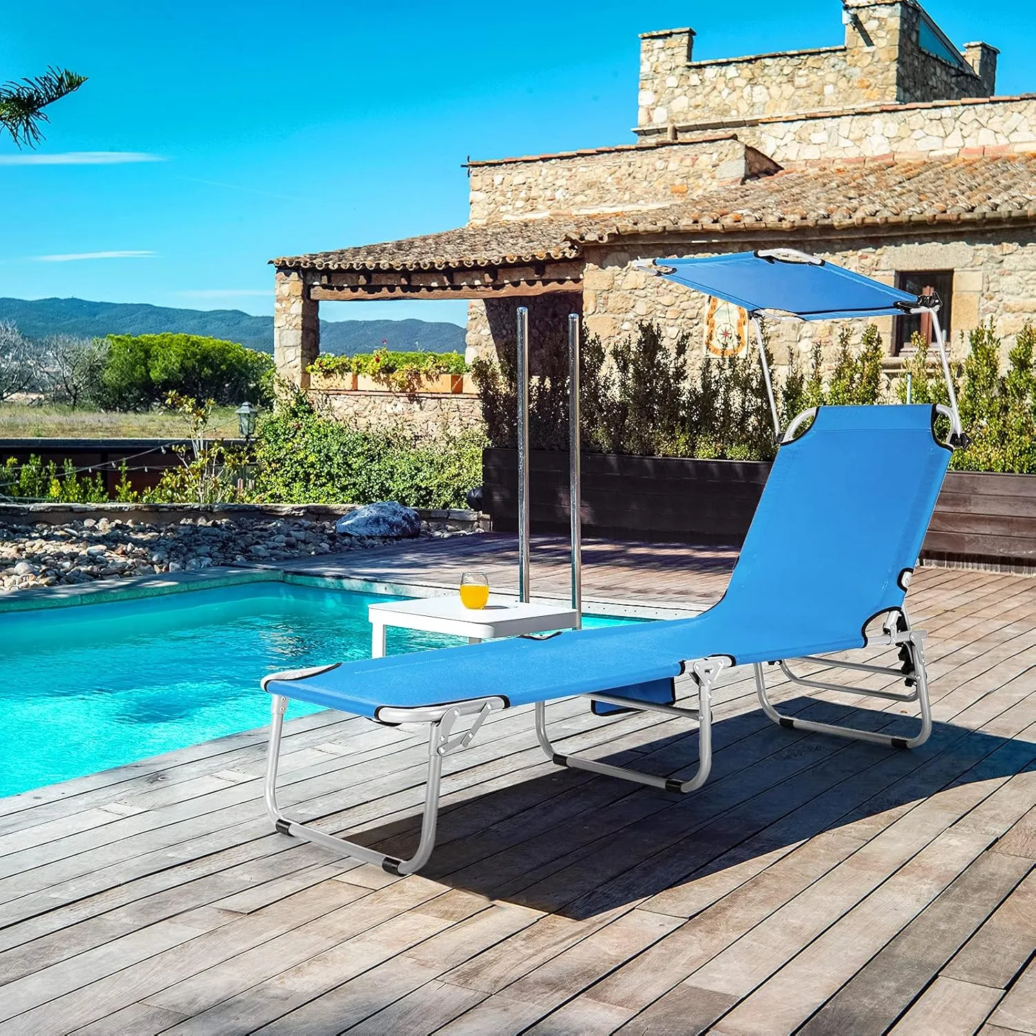 Giantex Outdoor Folding Chaise Lounge, Portable Tanning Chair with 5 Adjustable Positions, 360°Rotatable Canopy Shade, Side Pocket, Patio Lounge Chair for Beach, Lawn Sunbathing Chair (1, Navy)