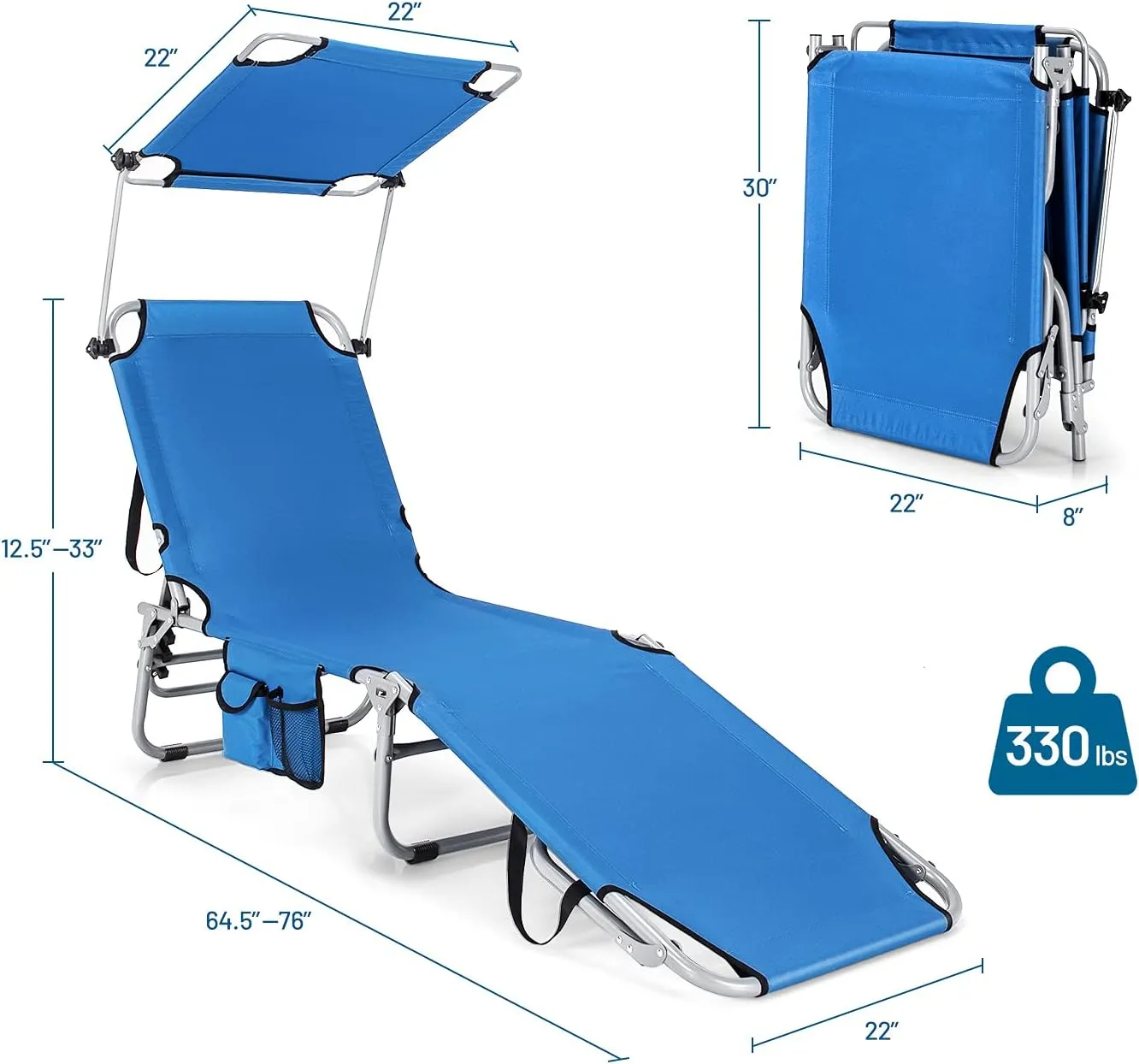Giantex Outdoor Folding Chaise Lounge, Portable Tanning Chair with 5 Adjustable Positions, 360°Rotatable Canopy Shade, Side Pocket, Patio Lounge Chair for Beach, Lawn Sunbathing Chair (1, Navy)