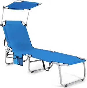 Giantex Outdoor Folding Chaise Lounge, Portable Tanning Chair with 5 Adjustable Positions, 360°Rotatable Canopy Shade, Side Pocket, Patio Lounge Chair for Beach, Lawn Sunbathing Chair (1, Navy)