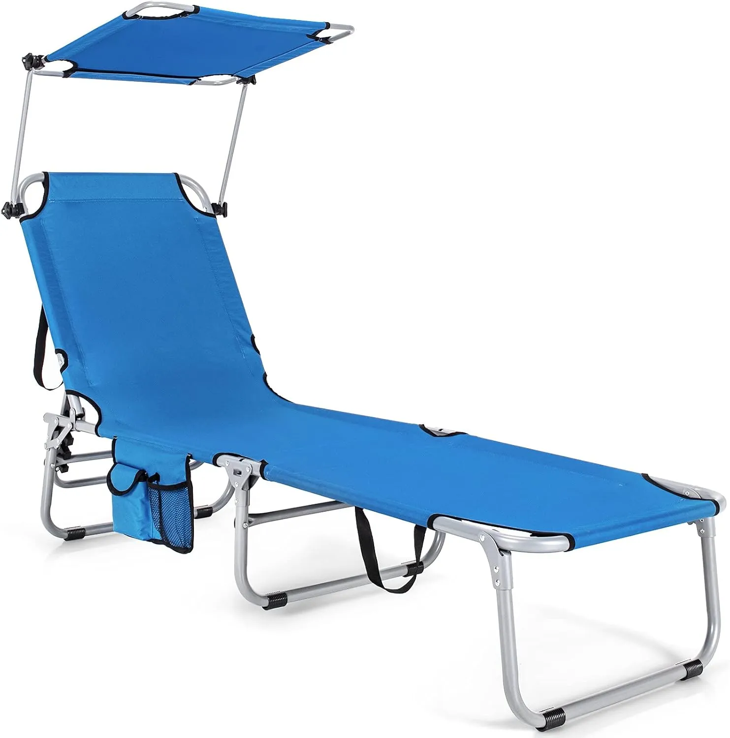 Giantex Outdoor Folding Chaise Lounge, Portable Tanning Chair with 5 Adjustable Positions, 360°Rotatable Canopy Shade, Side Pocket, Patio Lounge Chair for Beach, Lawn Sunbathing Chair (1, Navy)
