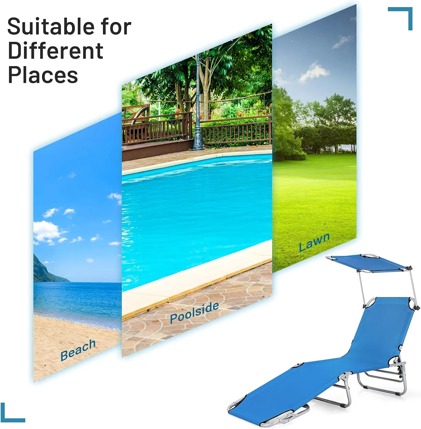 Giantex Outdoor Folding Chaise Lounge, Portable Tanning Chair with 5 Adjustable Positions, 360°Rotatable Canopy Shade, Side Pocket, Patio Lounge Chair for Beach, Lawn Sunbathing Chair (1, Navy)
