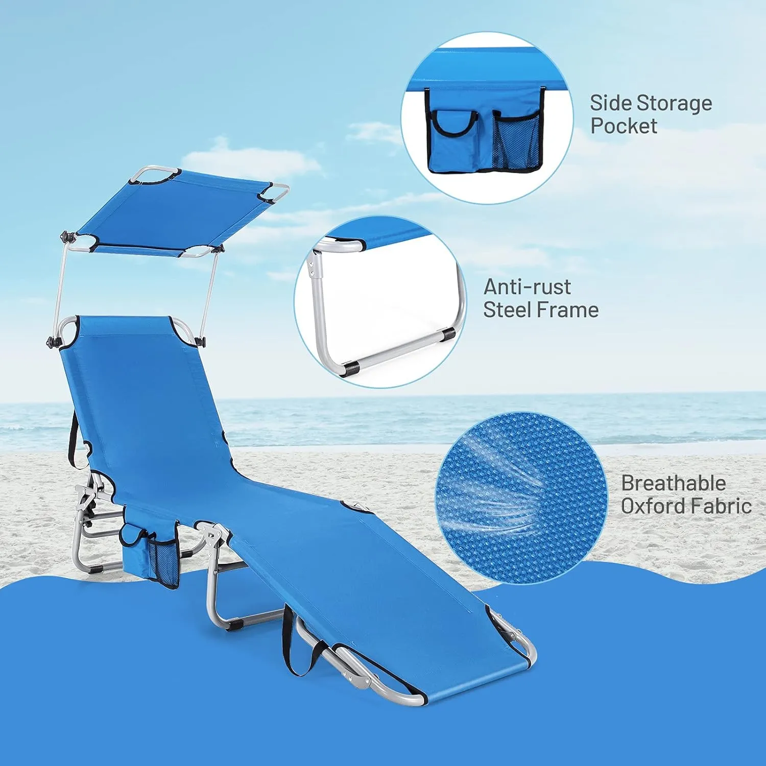 Giantex Outdoor Folding Chaise Lounge, Portable Tanning Chair with 5 Adjustable Positions, 360°Rotatable Canopy Shade, Side Pocket, Patio Lounge Chair for Beach, Lawn Sunbathing Chair (1, Navy)