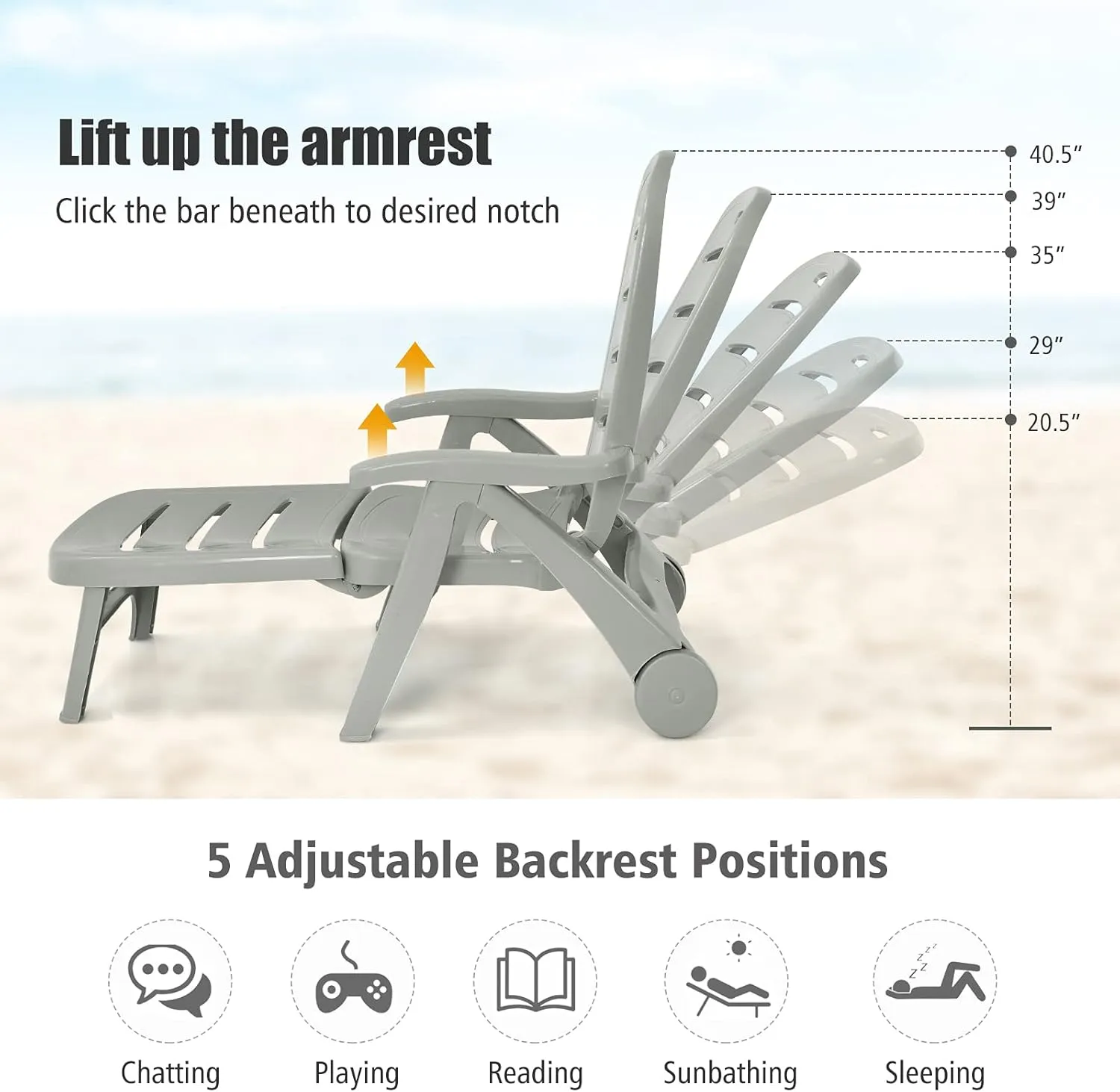 Giantex Patio Chaise Lounge Recliner on Wheels, Folding Deck Chair with Armrests, 5 Adjustable Positions for Poolside, Yard, Garden Rolling Outdoor Lounger Sunbathing Beach Chair(1, Gray)