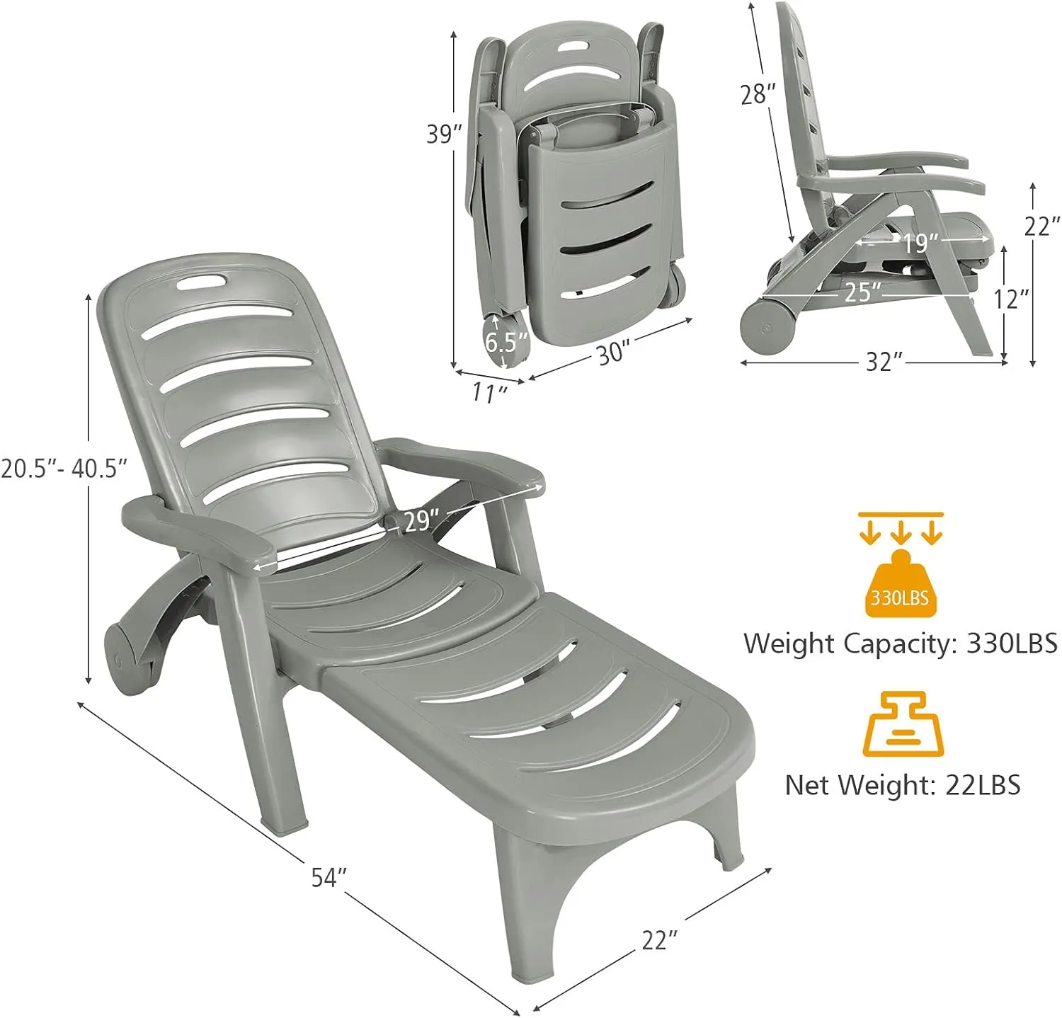 Giantex Patio Chaise Lounge Recliner on Wheels, Folding Deck Chair with Armrests, 5 Adjustable Positions for Poolside, Yard, Garden Rolling Outdoor Lounger Sunbathing Beach Chair(1, Gray)