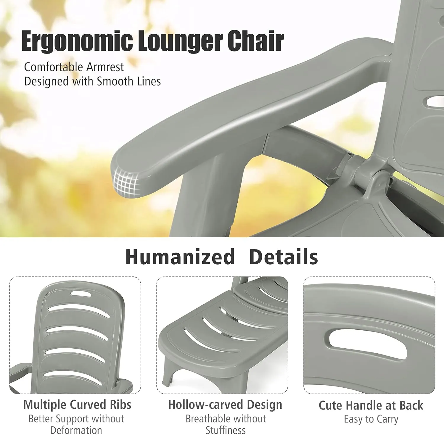 Giantex Patio Chaise Lounge Recliner on Wheels, Folding Deck Chair with Armrests, 5 Adjustable Positions for Poolside, Yard, Garden Rolling Outdoor Lounger Sunbathing Beach Chair(1, Gray)