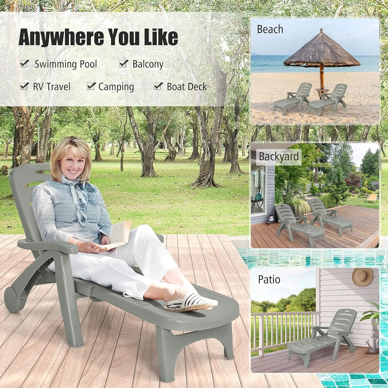 Giantex Patio Chaise Lounge Recliner on Wheels, Folding Deck Chair with Armrests, 5 Adjustable Positions for Poolside, Yard, Garden Rolling Outdoor Lounger Sunbathing Beach Chair(1, Gray)