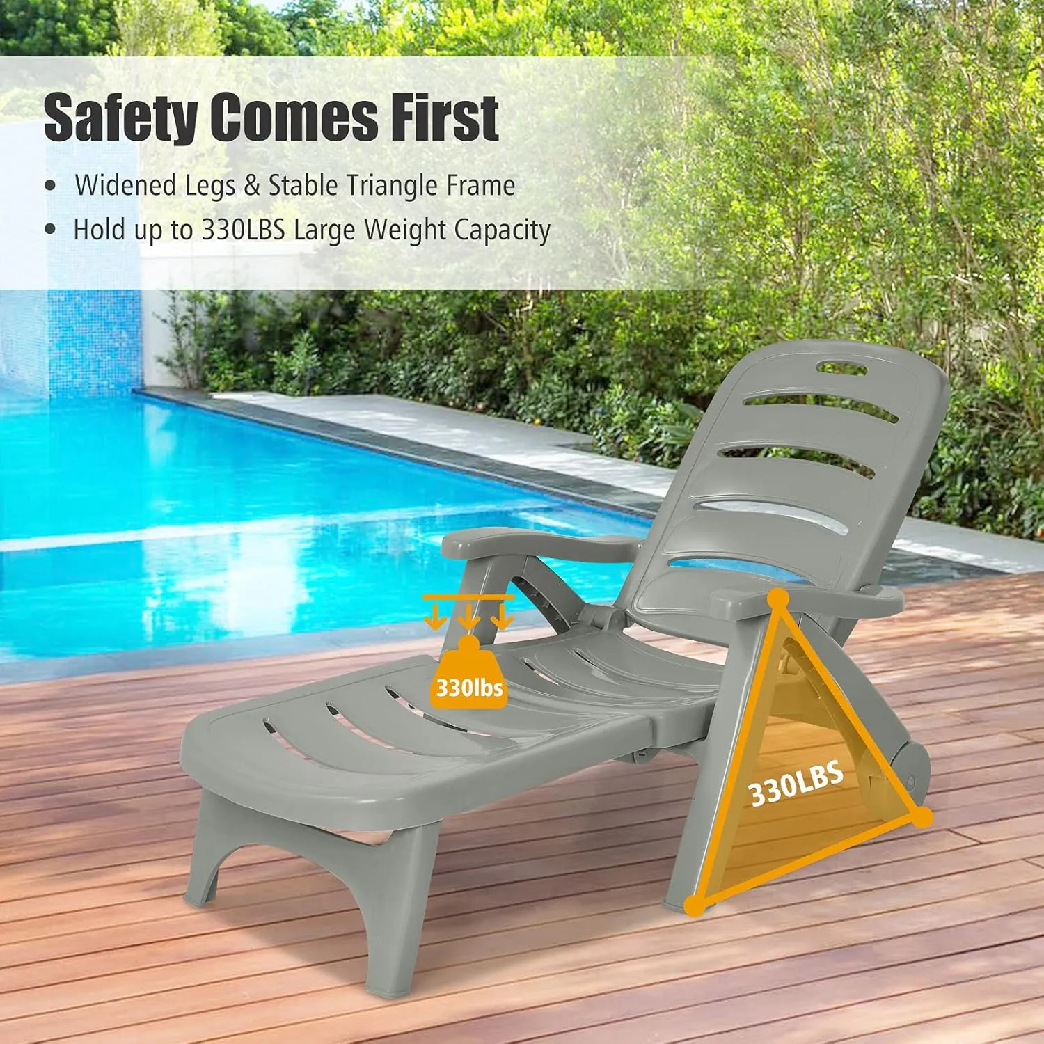 Giantex Patio Chaise Lounge Recliner on Wheels, Folding Deck Chair with Armrests, 5 Adjustable Positions for Poolside, Yard, Garden Rolling Outdoor Lounger Sunbathing Beach Chair(1, Gray)
