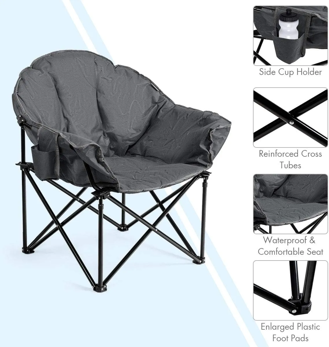 Giantex Portable Camping Chair, Moon Saucer Chair, Outdoor Folding Chair with Soft Padded Seat, Lawn Chair with Cup Holder and Carry Bag (Grey)