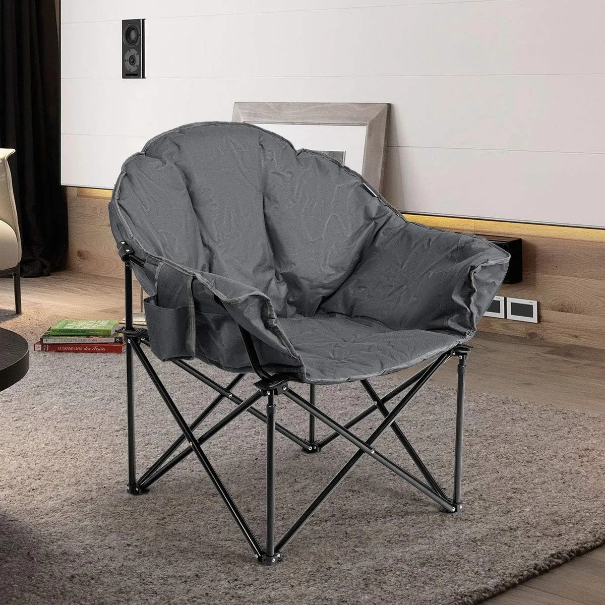 Giantex Portable Camping Chair, Moon Saucer Chair, Outdoor Folding Chair with Soft Padded Seat, Lawn Chair with Cup Holder and Carry Bag (Grey)