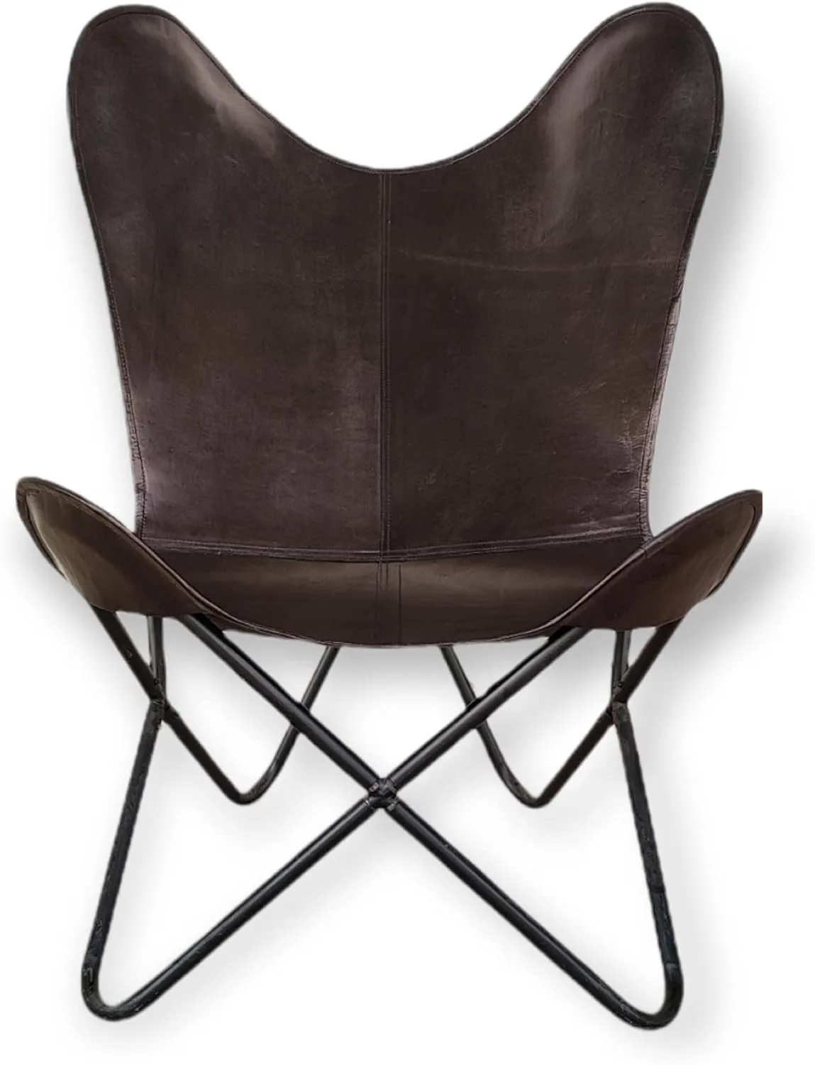 GifteQ Leather Butterfly Chair for Living Room for Adults Cow Print/Cowhide Western Accent Chair for Relaxing with Foldable Iron Frame Brown Boho Alite Chair for Home Decor (Black)