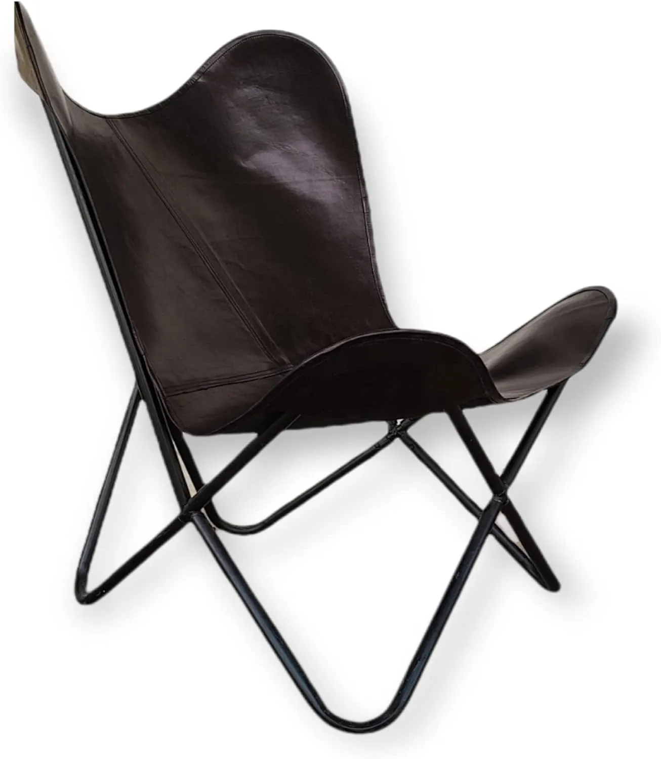 GifteQ Leather Butterfly Chair for Living Room for Adults Cow Print/Cowhide Western Accent Chair for Relaxing with Foldable Iron Frame Brown Boho Alite Chair for Home Decor (Black)