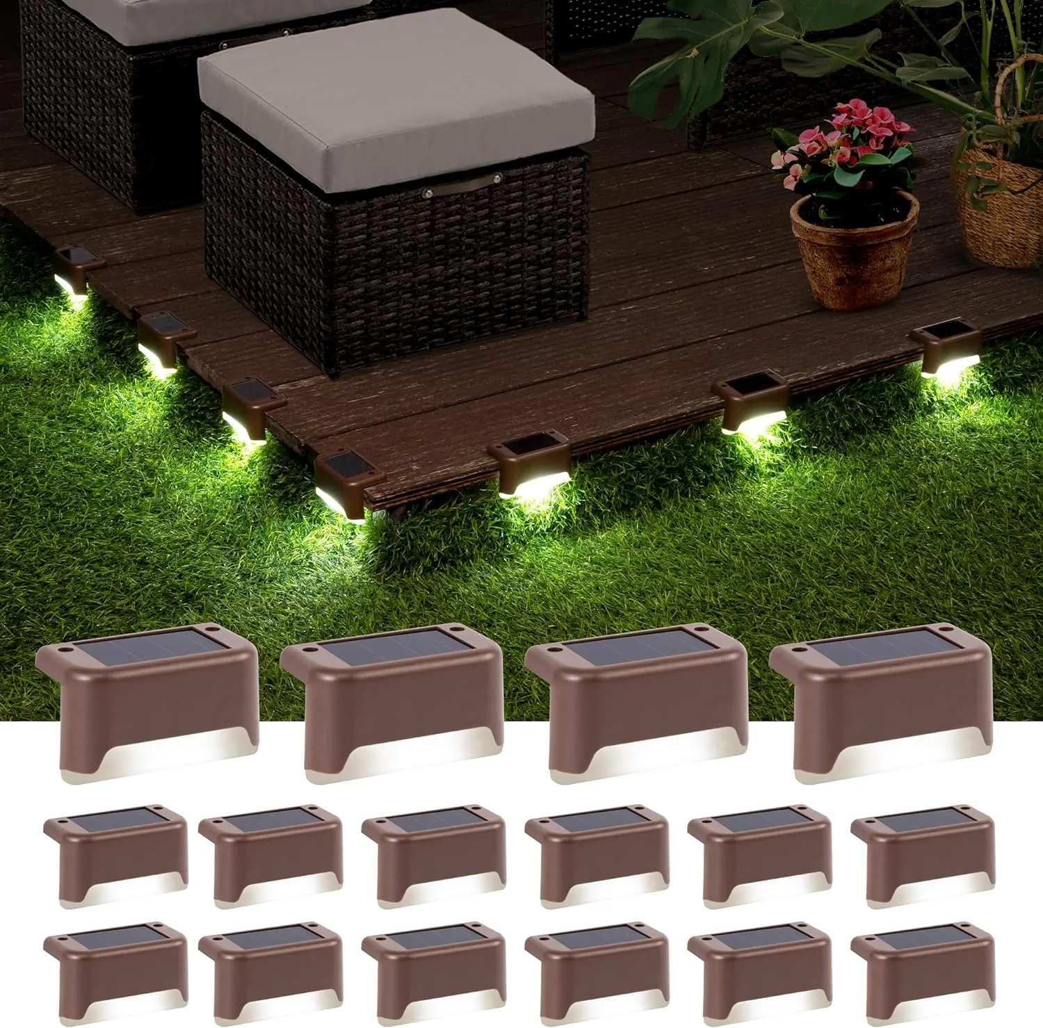 GIGALUMI Solar Deck Lights Outdoor, 16 Pack Waterproof LED Solar Lights for Stairs, Step, Fence, Railing, Yard and Patio (Cool White)