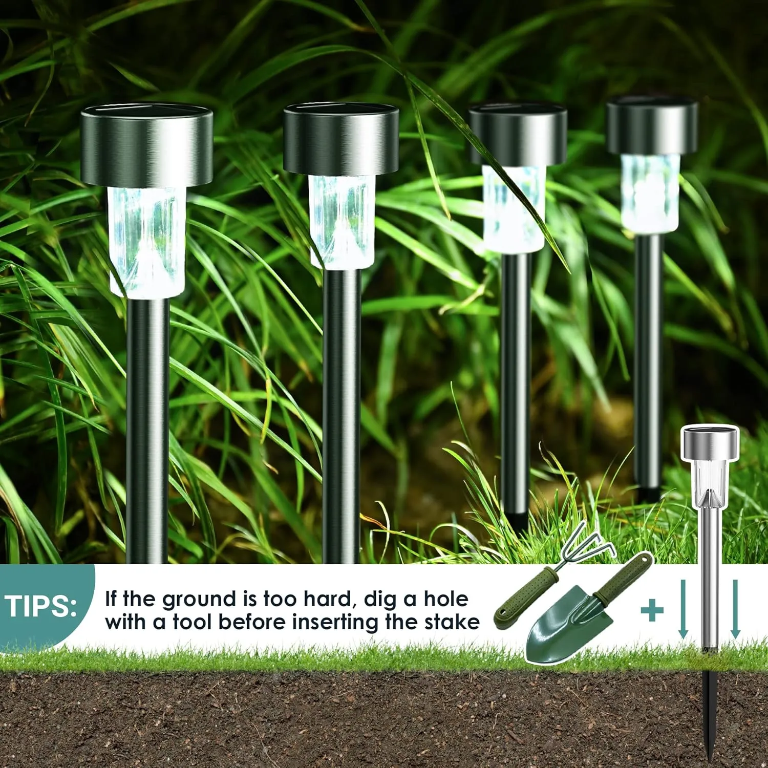 GIGALUMI Solar Lights Outdoor Waterproof,16 Pack Stainless Steel LED Solar Garden Lights for Patio, Lawn, Yard and Landscape(Cold White)