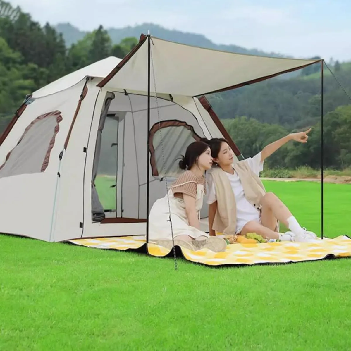 GIZNXBA Family Camping Tent with Canopy Tarp,3-4 Person Pop Up Beach Canopy Tent with Porch, Waterproof Pop Up Instant Tent for Family Outdoor Camping, Hiking,Picnic